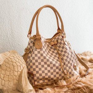 Cream Quinn Checkered Bucket Convertible String Purse Sling Bag